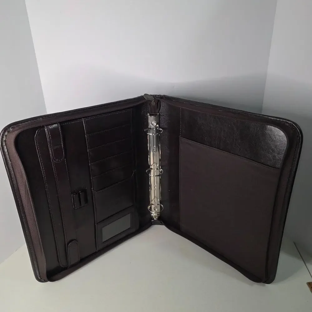 Black Leather Zip Portfolio Organizer 3 Ring Binder Padfolio Briefcase Handles